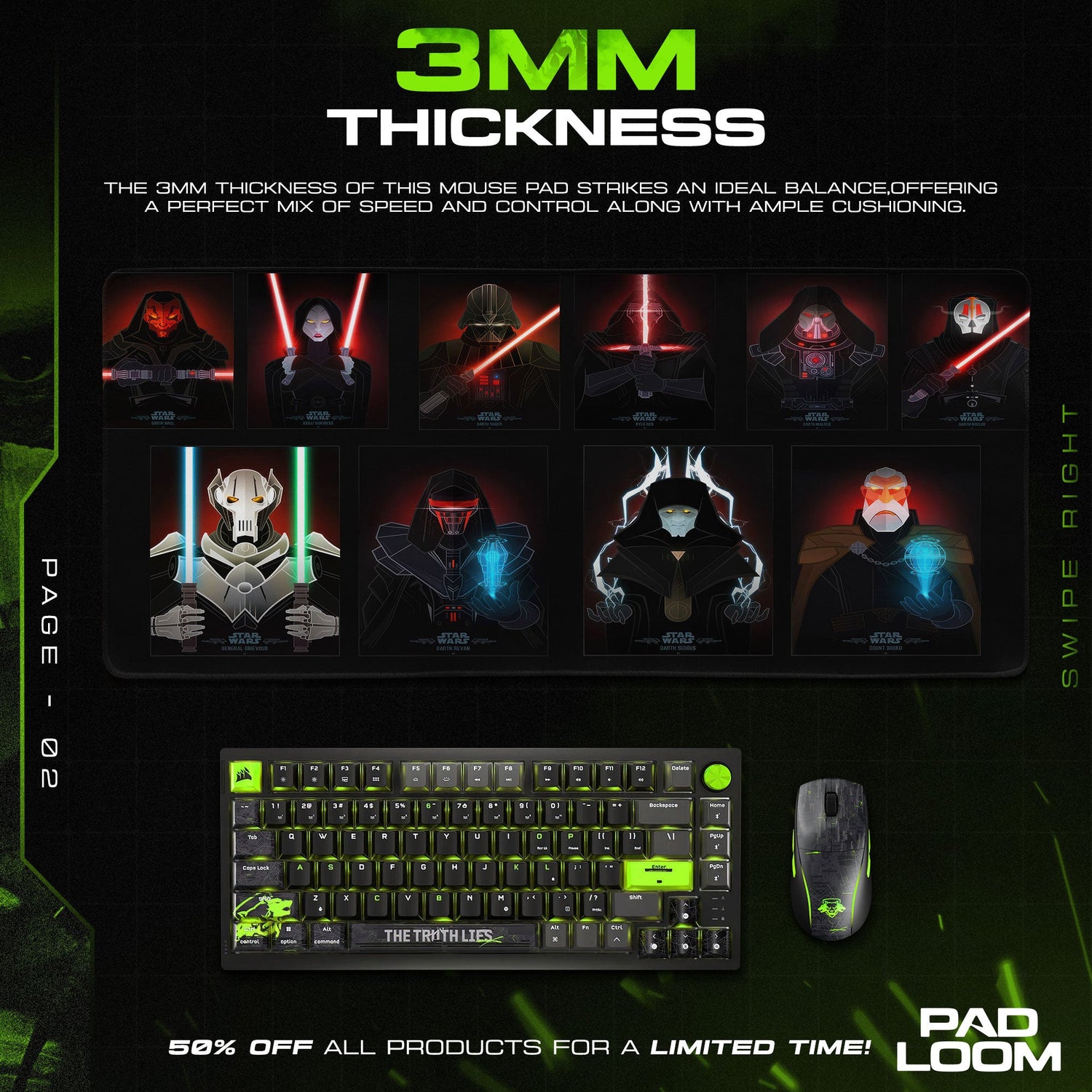 Star Wars Dark Side Masters Mouse Pad, Sci-Fi Gamer Desk Mat Padloom