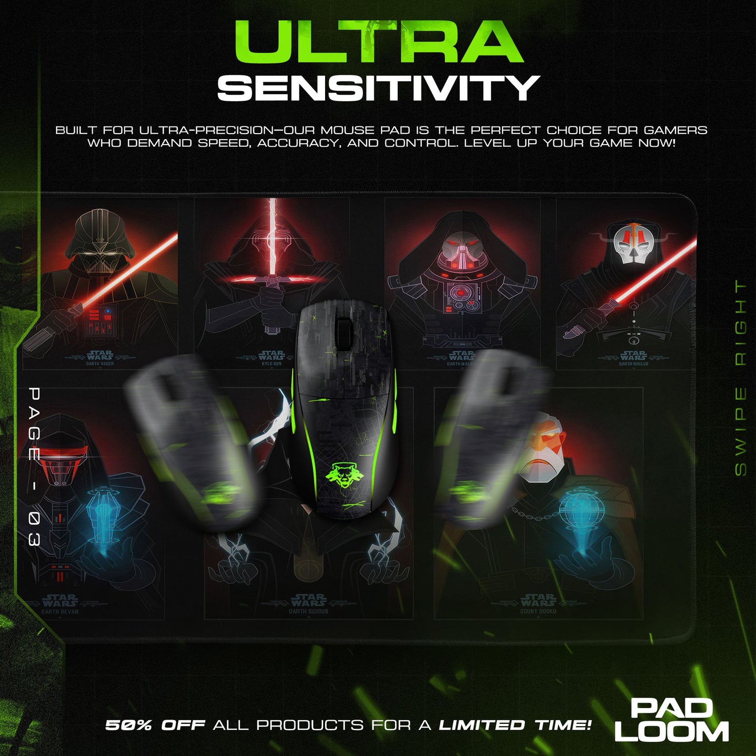 Star Wars Dark Side Masters Mouse Pad, Sci-Fi Gamer Desk Mat Padloom
