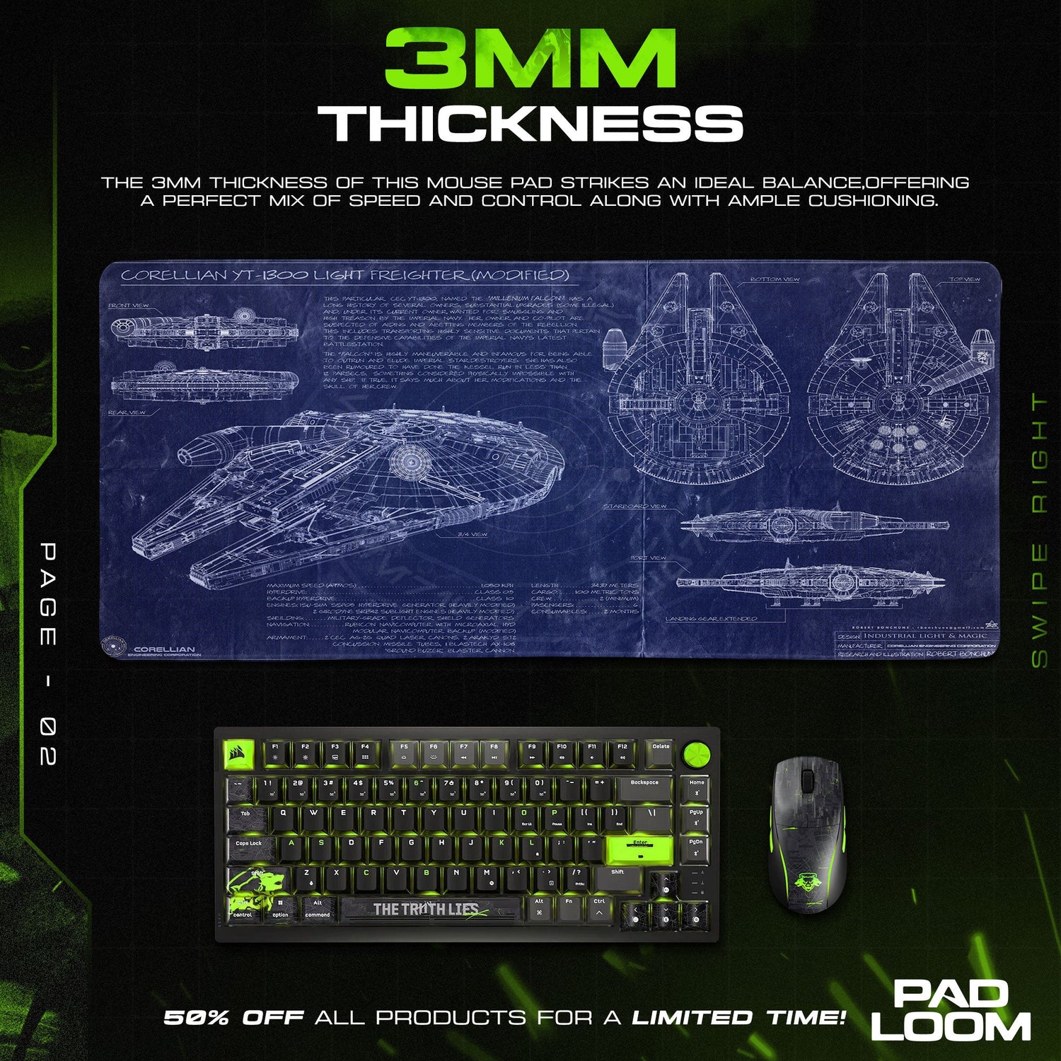 Star Wars Millennium Falcon Blueprint Mouse Pad, Blue Gamer Desk Mat Padloom