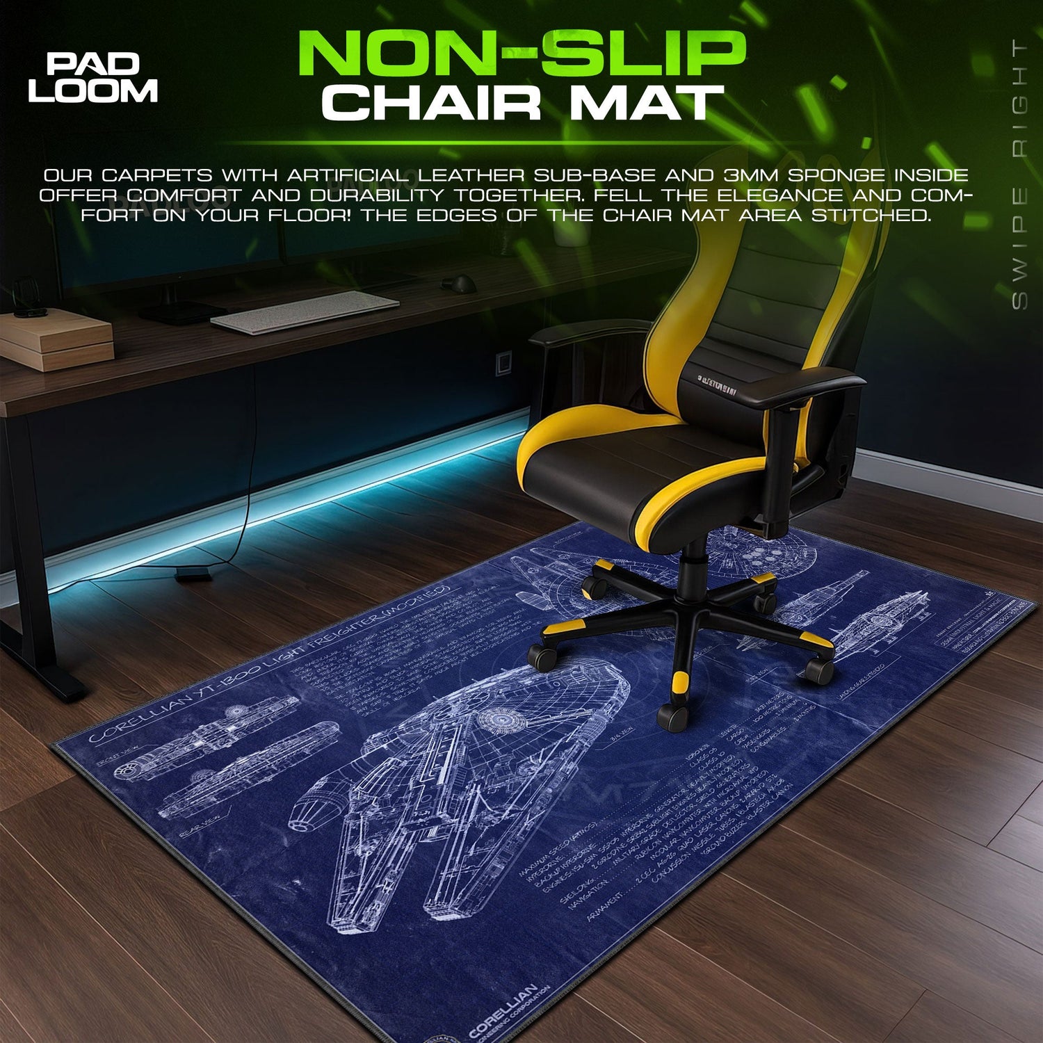 Star Wars Millennium Falcon Blueprint Mouse Pad, Blue Gamer Desk Mat Padloom