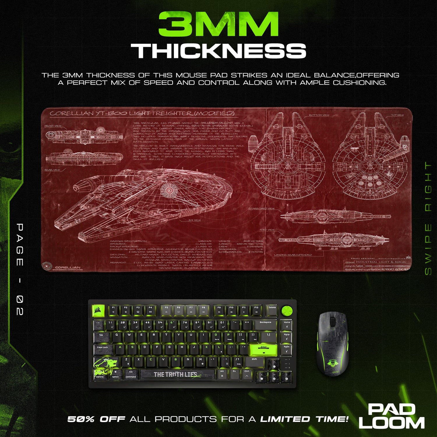 Star Wars Millennium Falcon Red Blueprint Mouse Pad, Gamer Desk Mat Padloom
