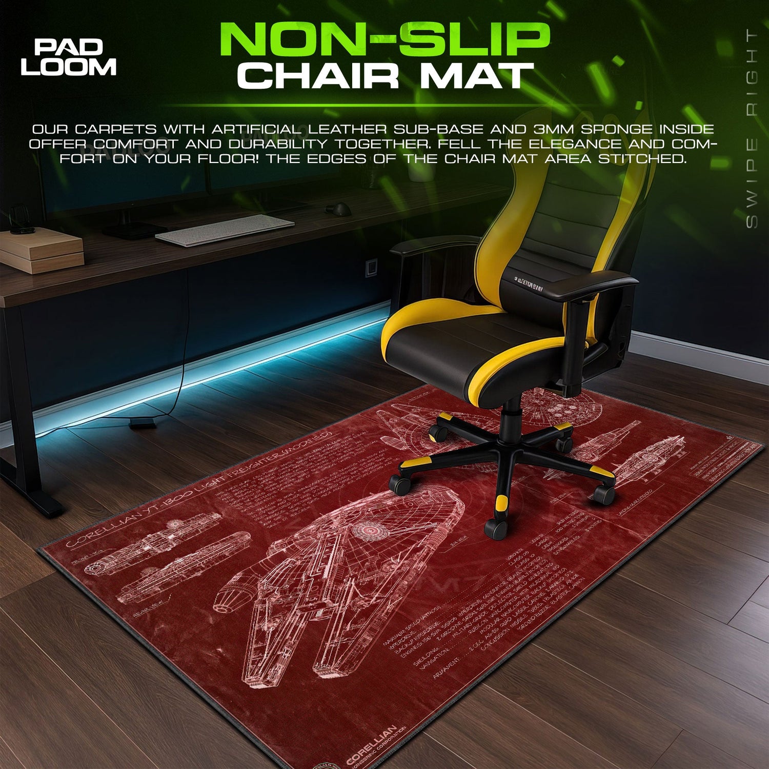 Star Wars Millennium Falcon Red Blueprint Mouse Pad, Gamer Desk Mat Padloom