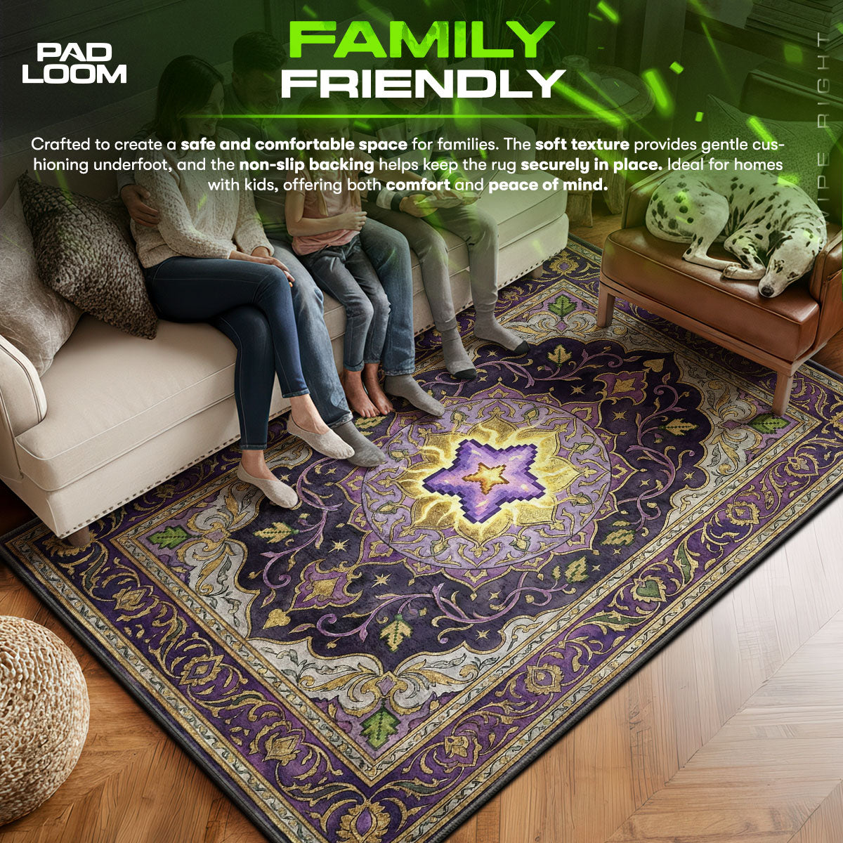 Junimo area rug showing full home decor artwork