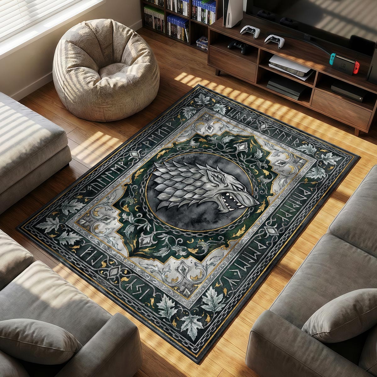Stark Direwolf themed area rug for home decor fans