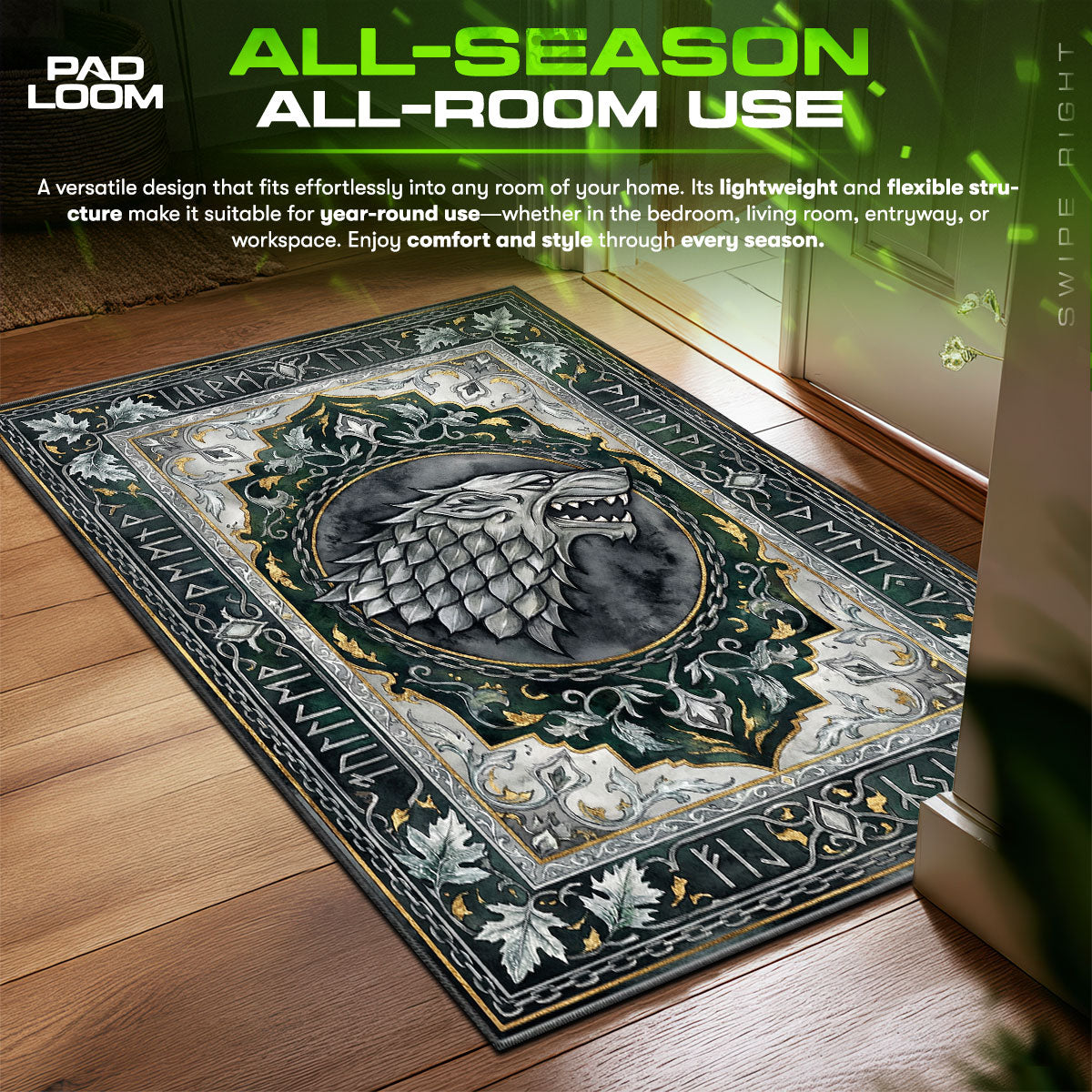 Stark Direwolf Winter Game Thrones Room fan rug — premium quality print