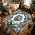 Majestic Stark direwolf framed by Winterfell castles and snowflakes in a watercolor fantasy illustration style movie themed area rug and home theater mat