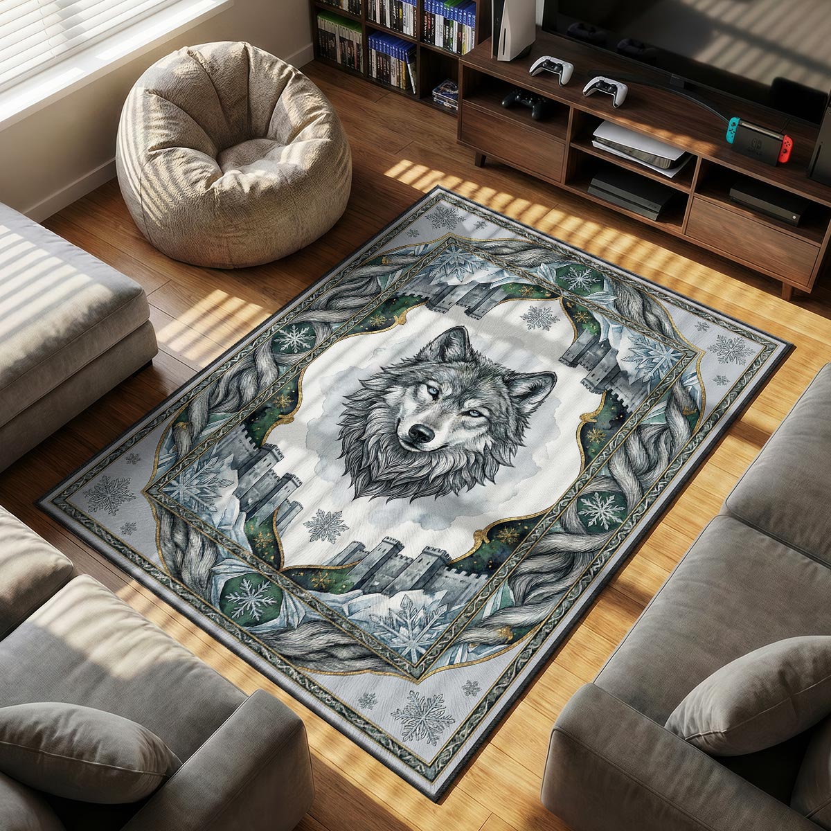 Stark Direwolf themed area rug for home decor fans