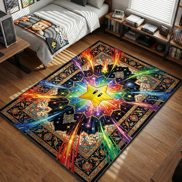 Super Star emitting rainbow light beams in dark floral Persian style gaming area rug and floor mat