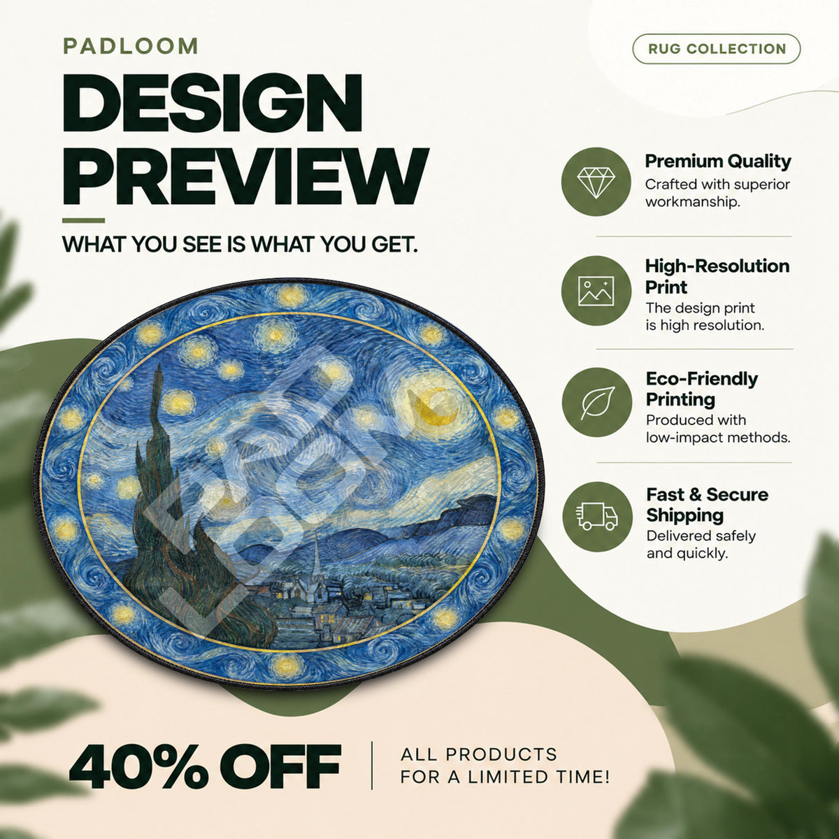 Starry Night Cypress celestial round rug full design preview