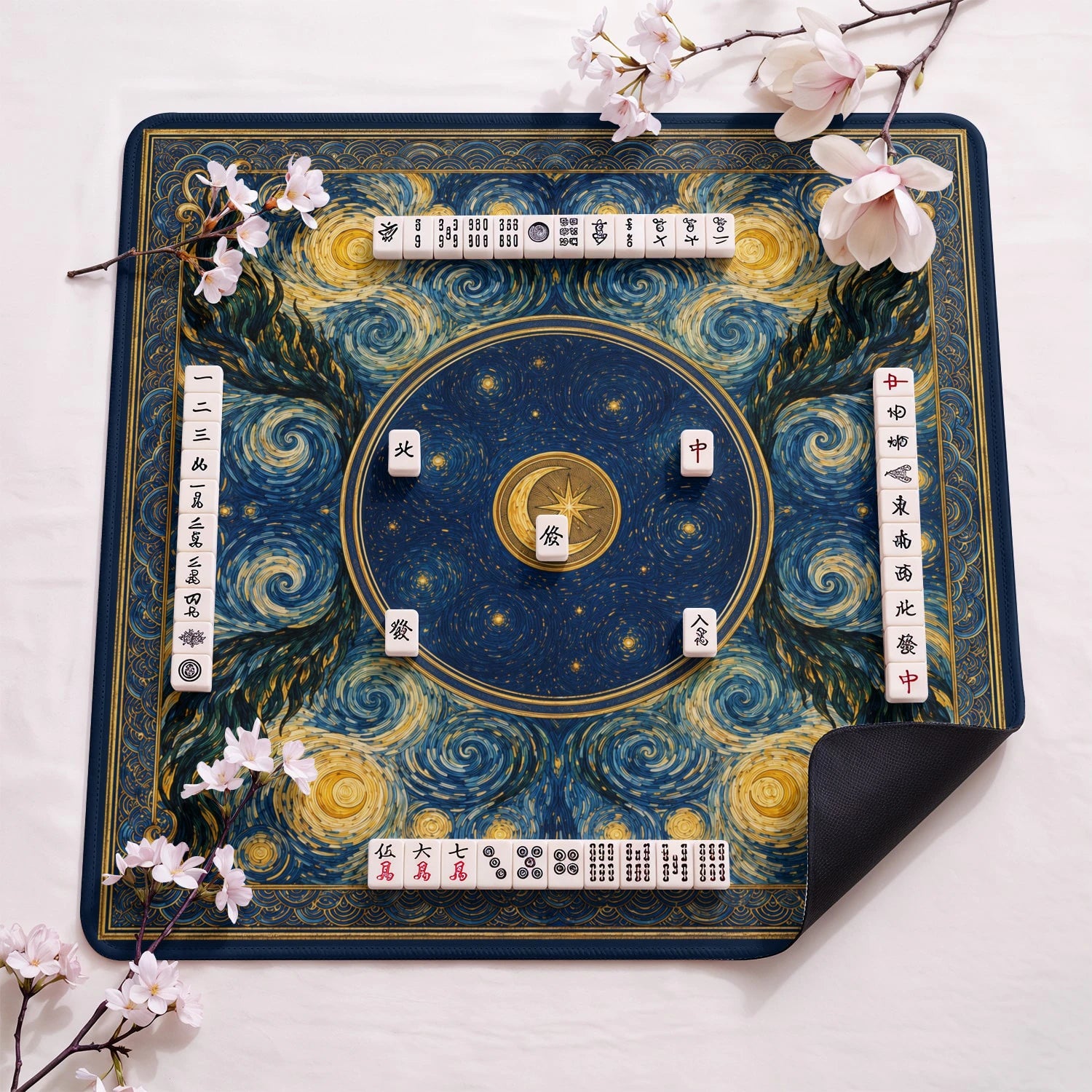 Starry Night design close-up on mahjong mat surface