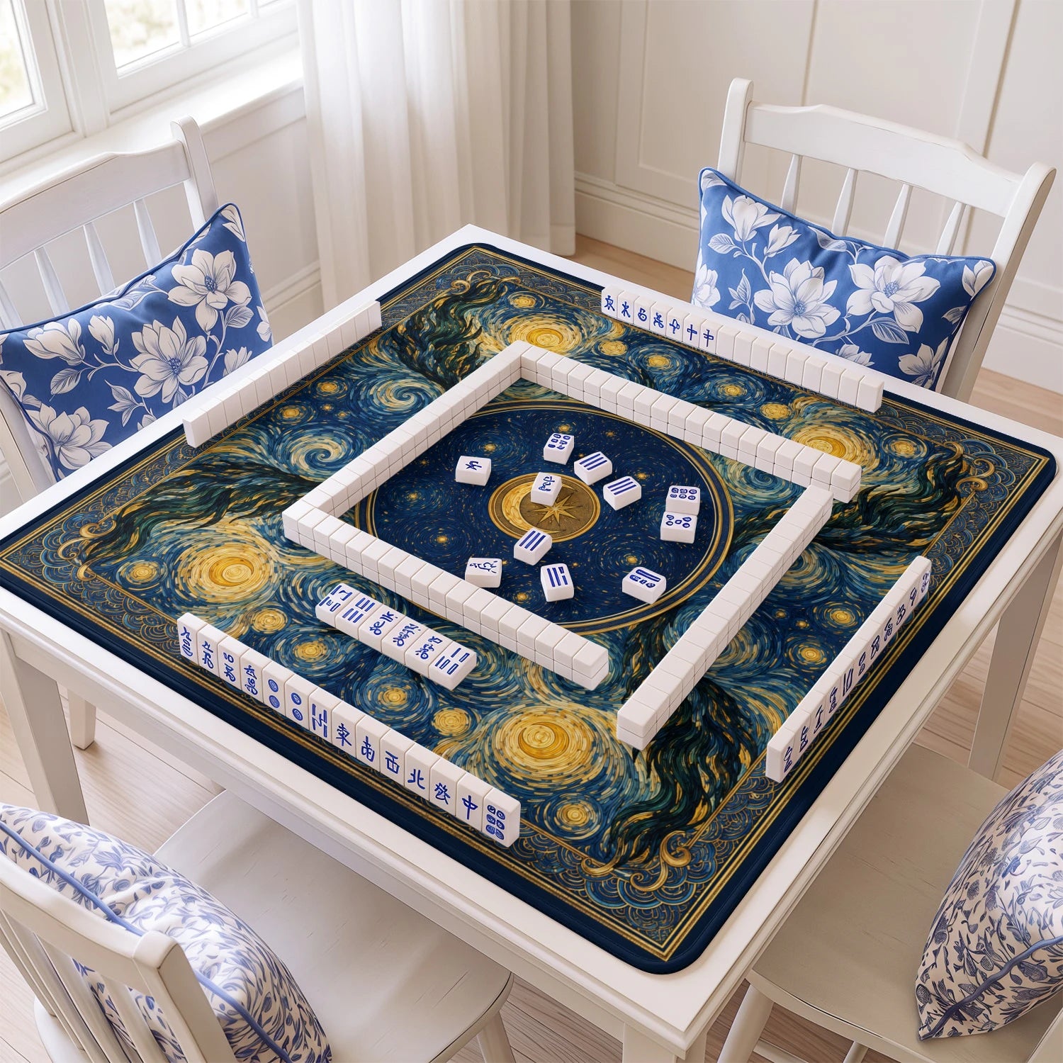 Starry Night mahjong mat with tiles and racks on the table