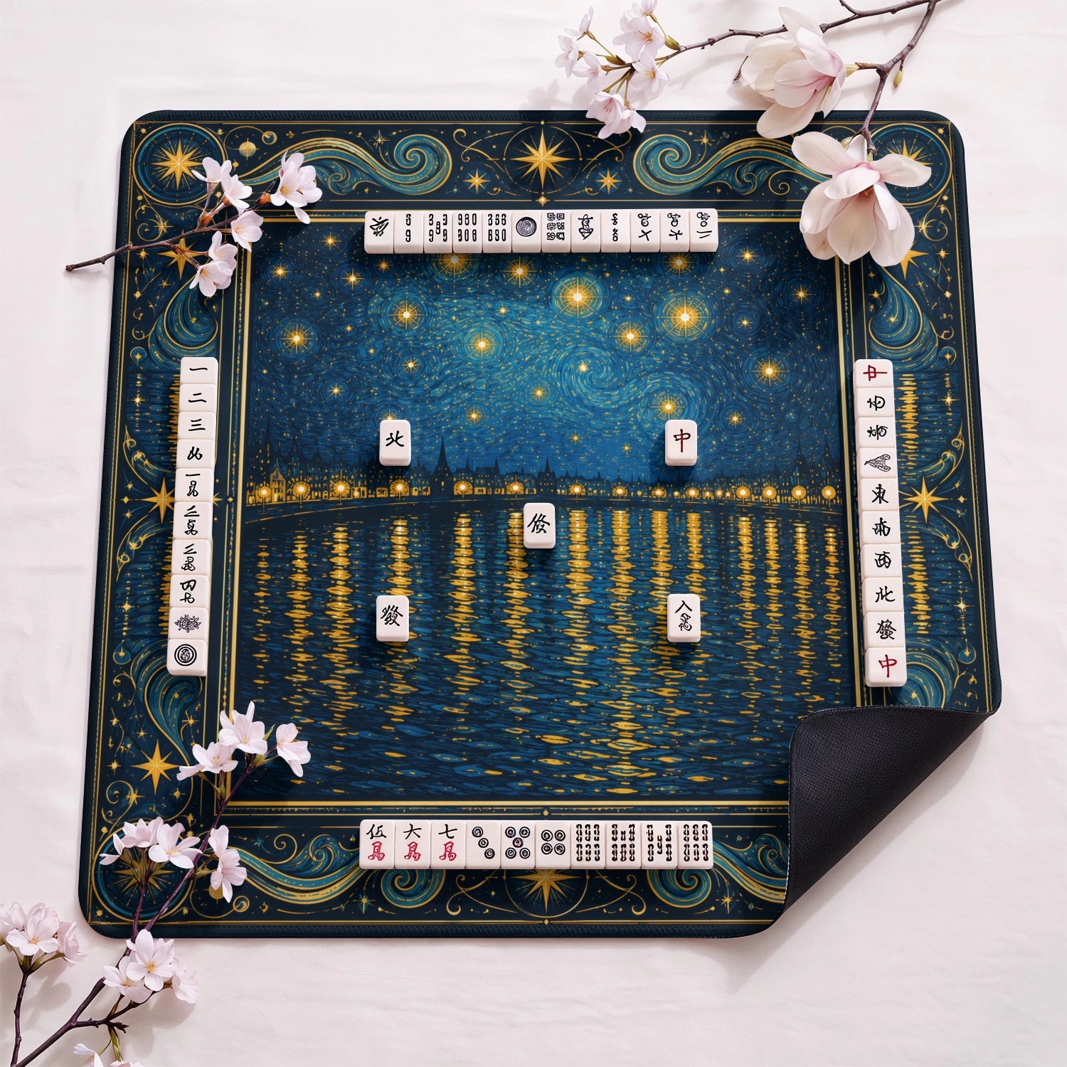 Starry Night Rhone design close-up on mahjong mat surface