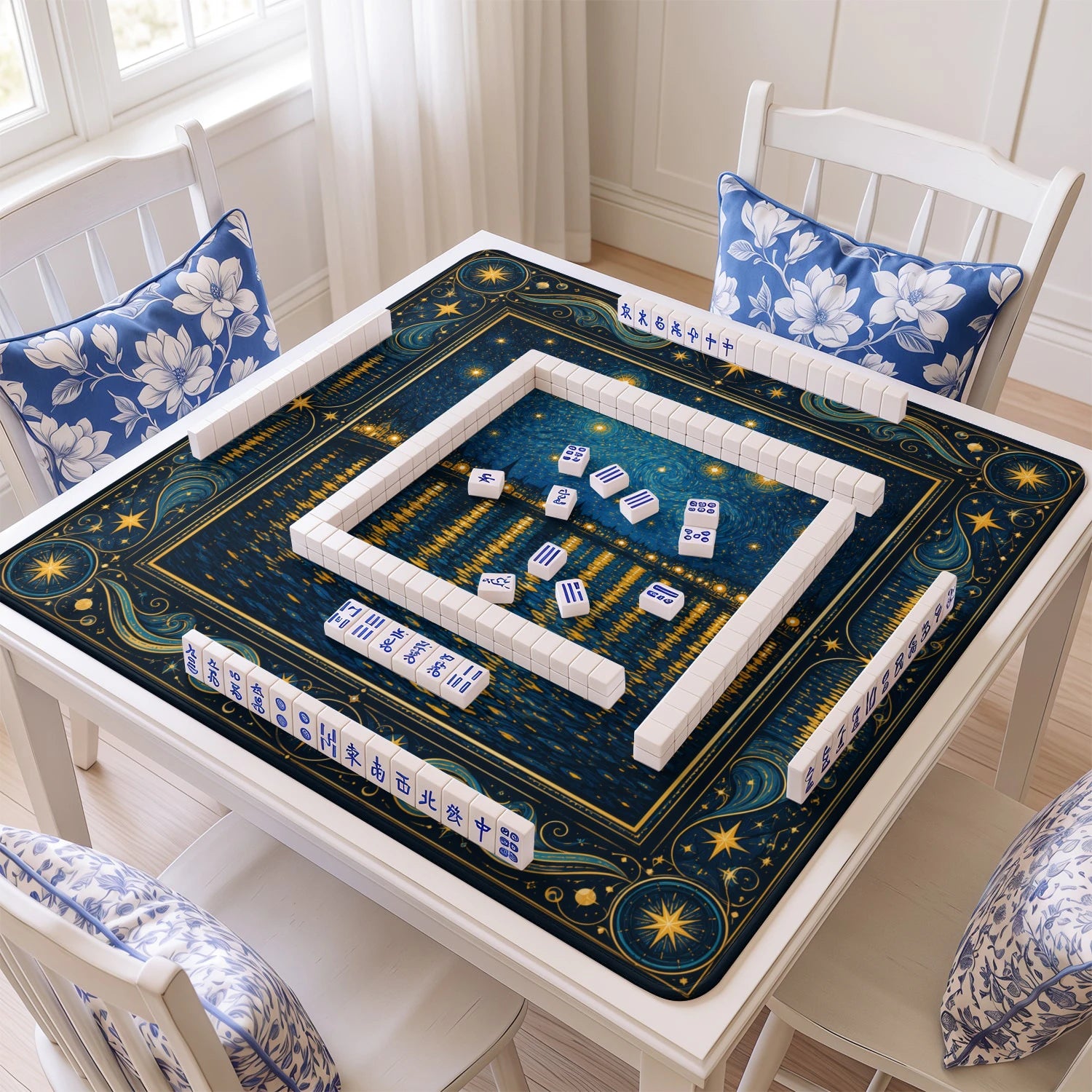 Starry Night Rhone mahjong mat with tiles and racks on the table