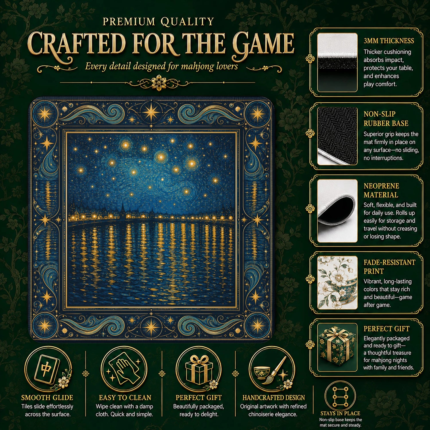 Starry Night Rhone Mahjong Mat – neoprene mah jongg table mat