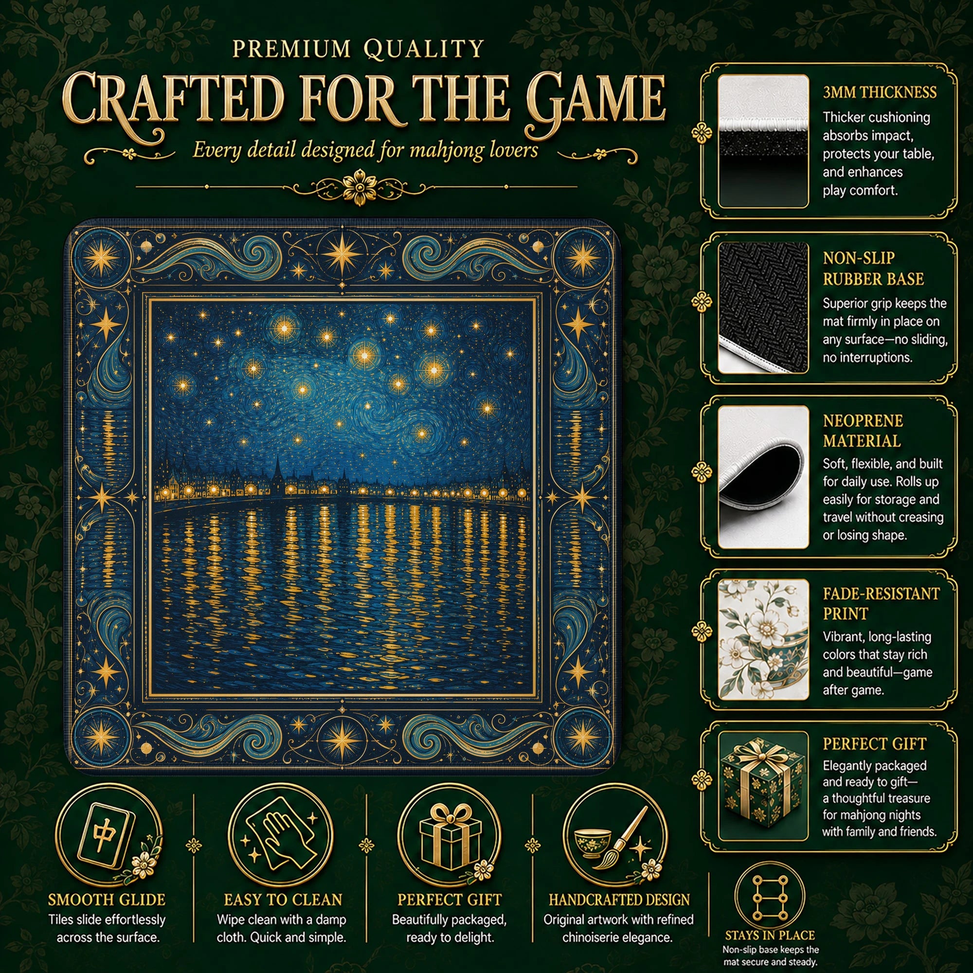 Starry Night Rhone Mahjong Mat – neoprene mah jongg table mat