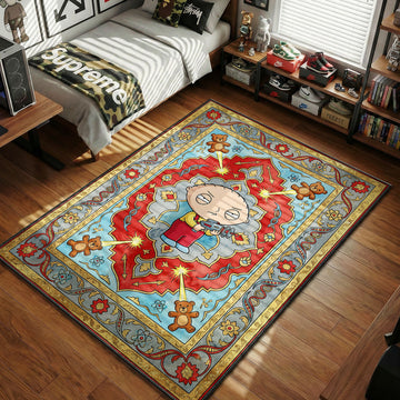 Stewie Griffin holding a ray gun surrounded by Rupert teddy bears and atoms ornate traditional Persian art style movie themed area rug and home theater mat