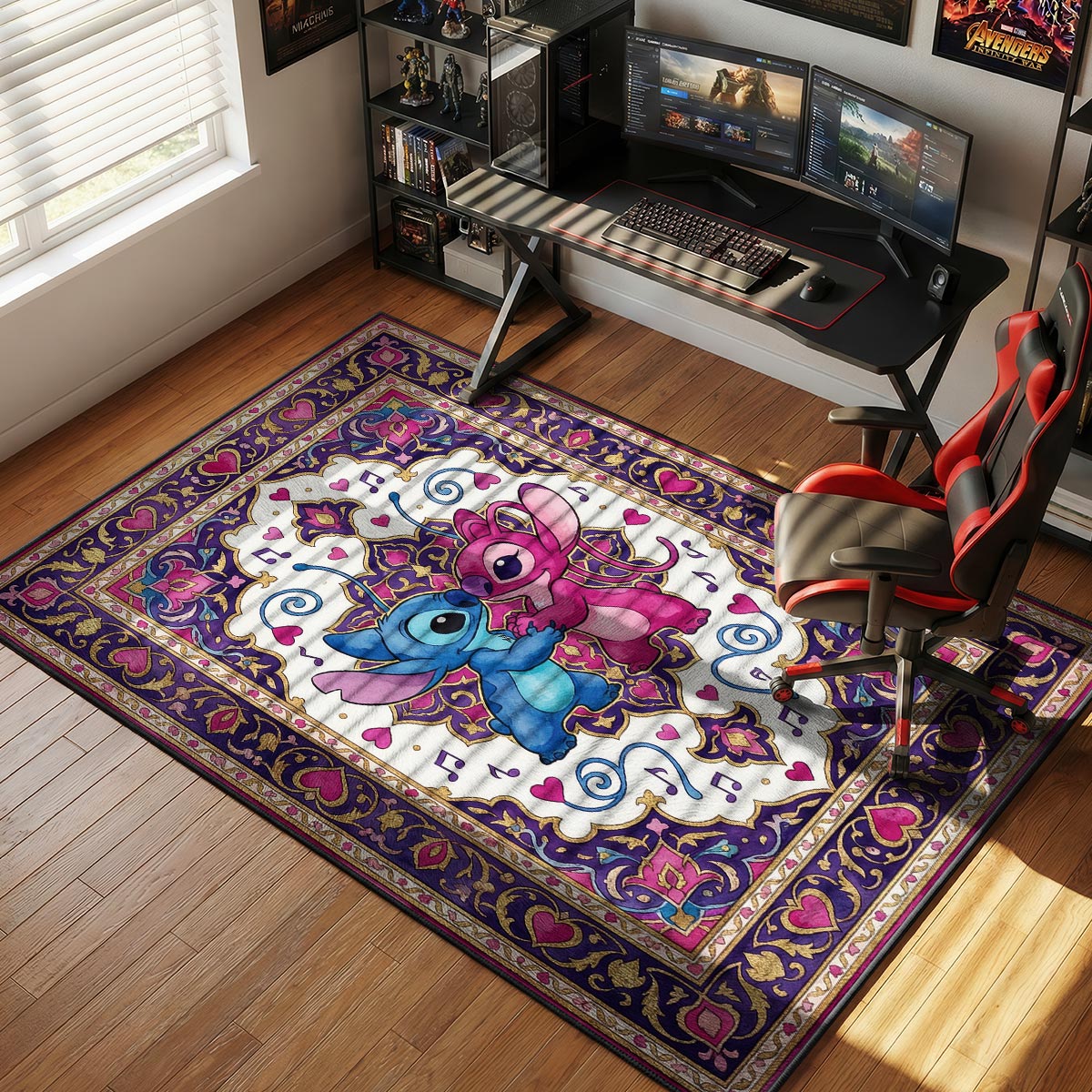 Stitch and Angel rug placed in a teen bedroom with lavender walls and fairy lights