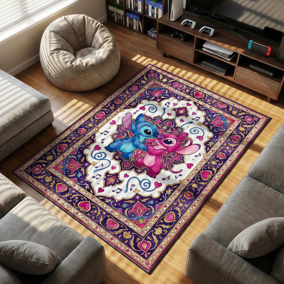 Close-up of Stitch and Angel area rug showing heart border and purple dye-sublimation detail