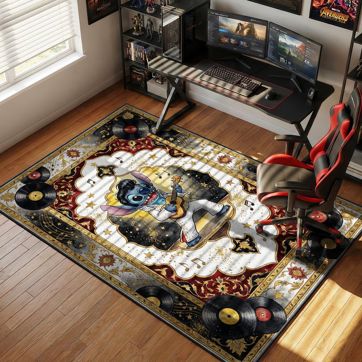 Stitch Elvis rug placed in a retro music room with vinyl record player and warm lamp light