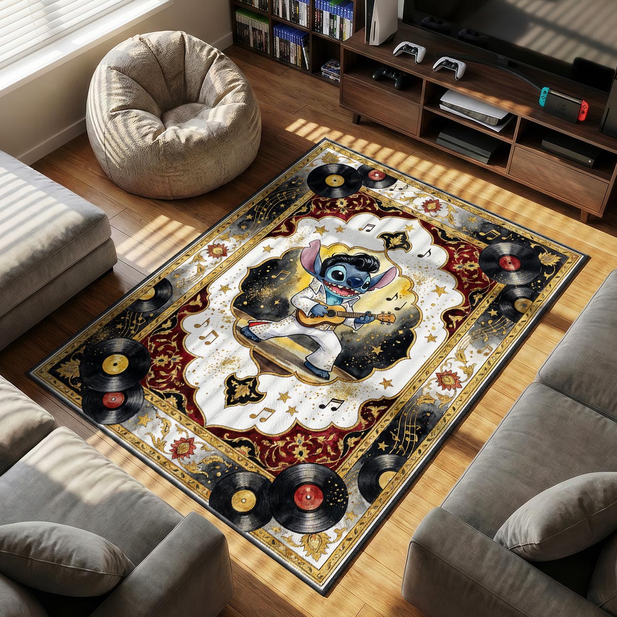 Close-up of Stitch Elvis area rug showing rhinestone jumpsuit detail and gold dye-sublimation