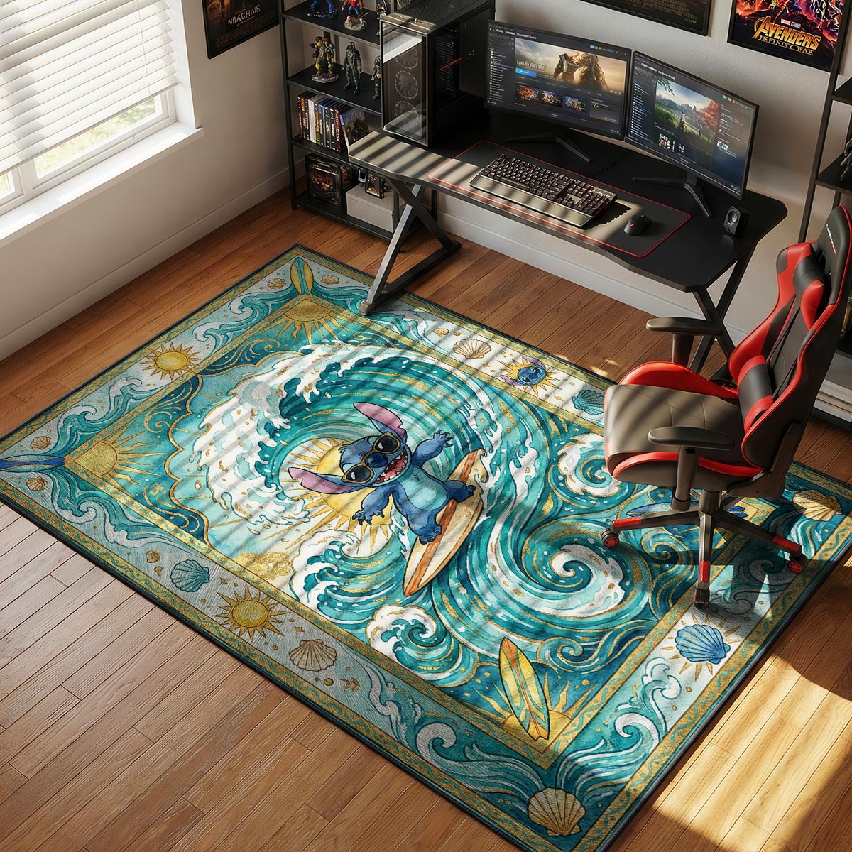 Close-up of Stitch surfing area rug showing wave curl detail and teal dye-sublimation texture