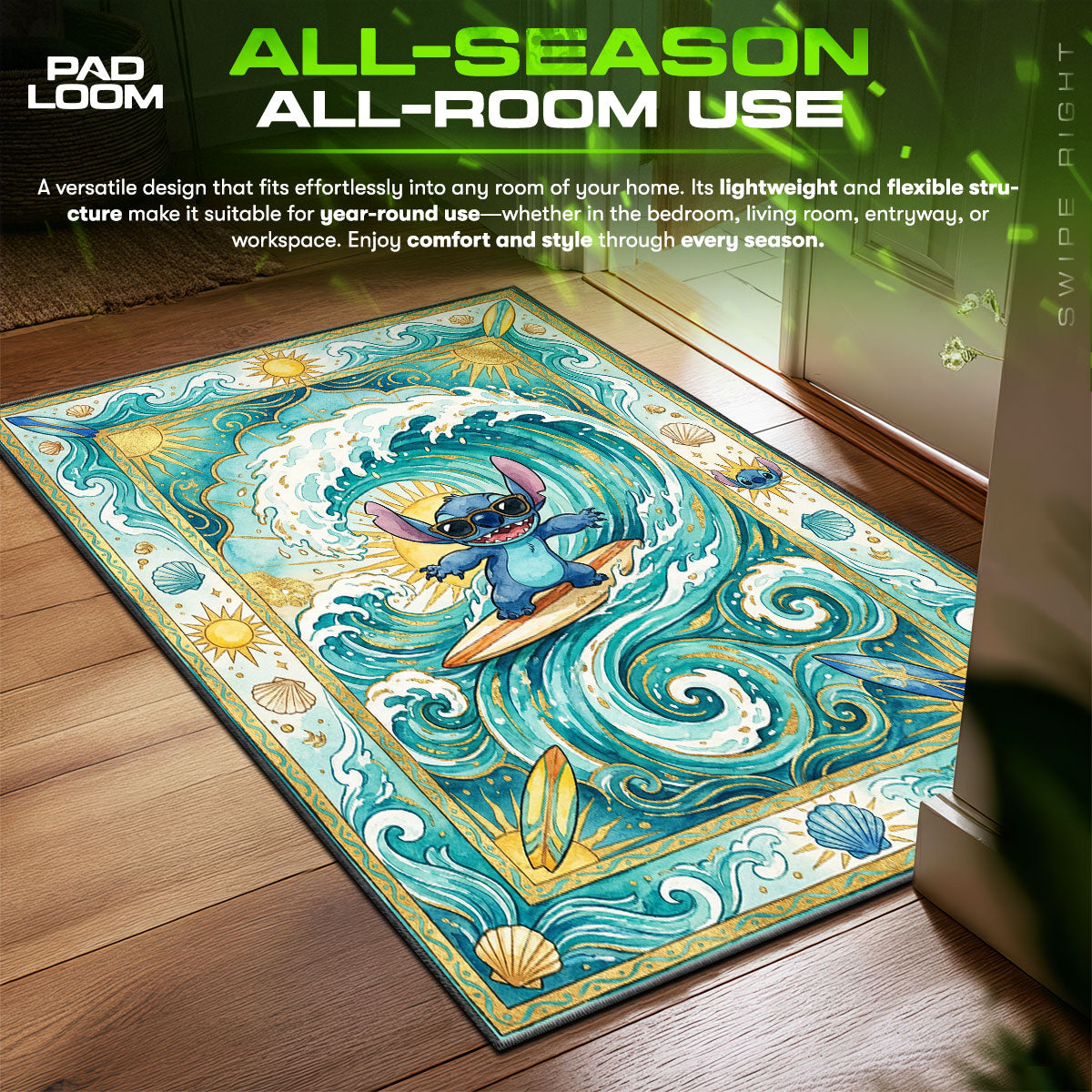 Stitch area rug showing full home decor artwork