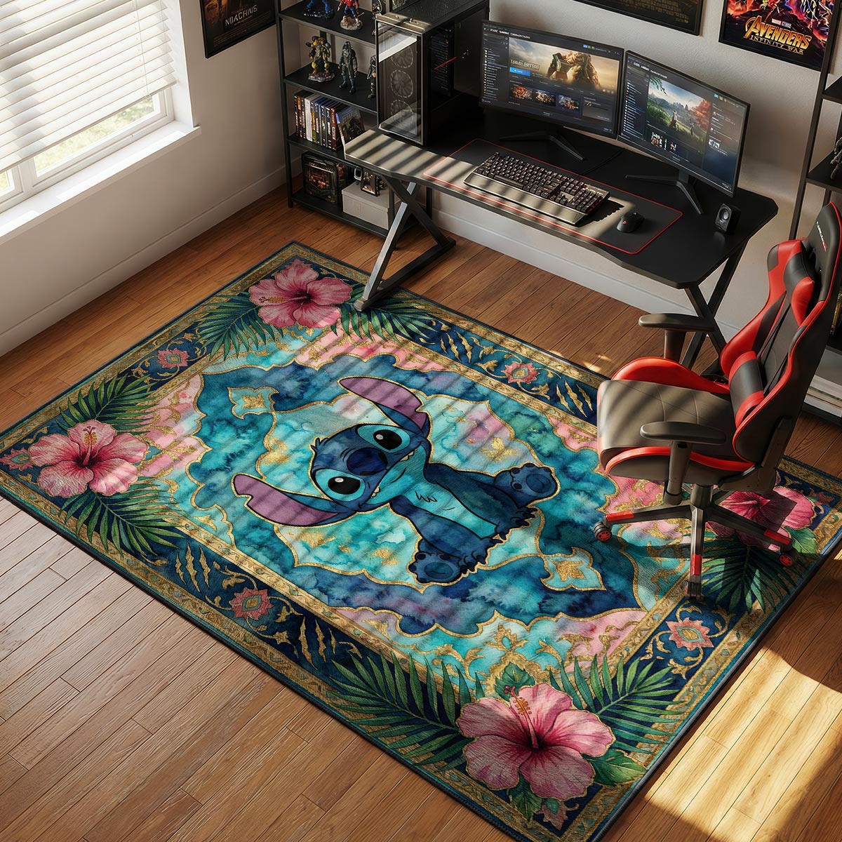 Stitch tropical rug placed in a bright bedroom with white furniture and teal accent pillows
