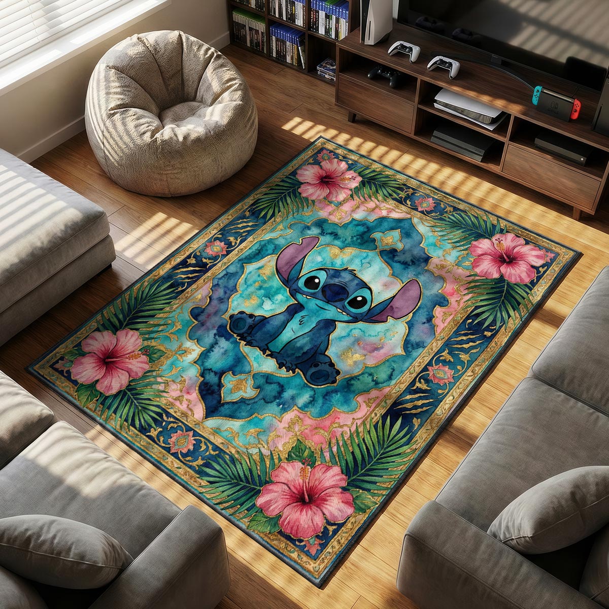 Close-up of Stitch tropical area rug showing pink hibiscus detail and gold leaf on velvet