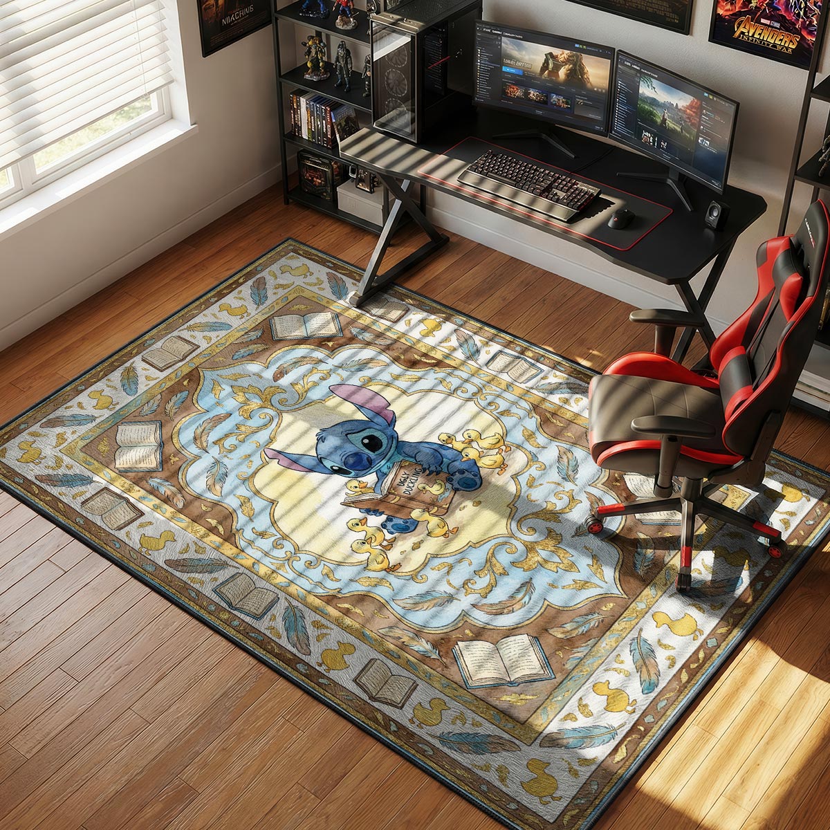 Stitch duckling rug placed in a child's reading corner with small bookshelf and floor cushions