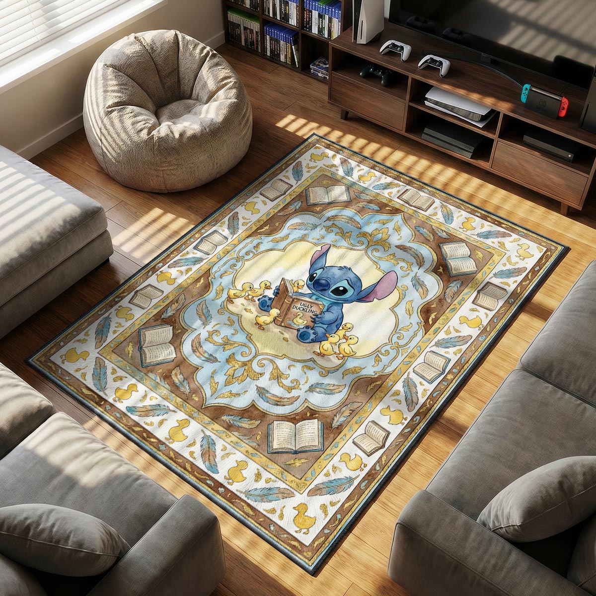 Close-up of Stitch Ugly Duckling area rug showing feather border and sky blue velvet texture