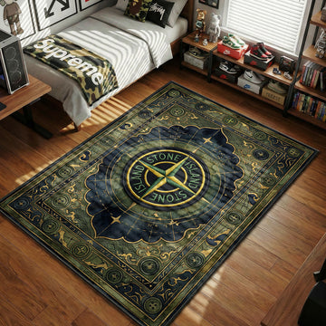 Stone Island iconic compass logo on green nautical map background hypebeast area rug