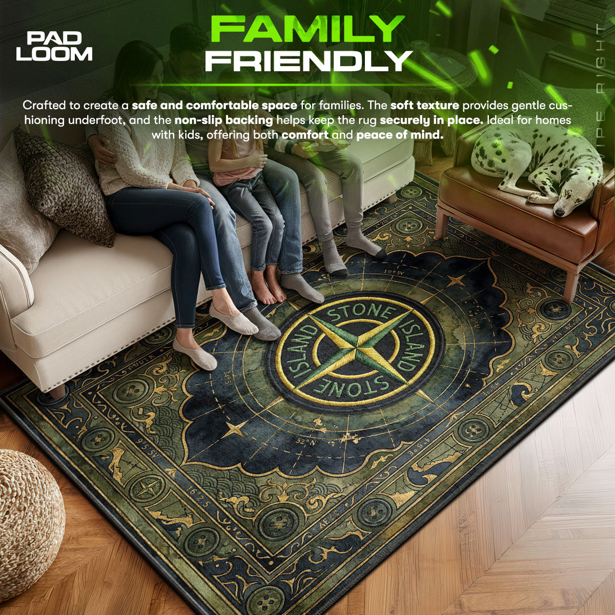 Stone area rug showing full home decor artwork