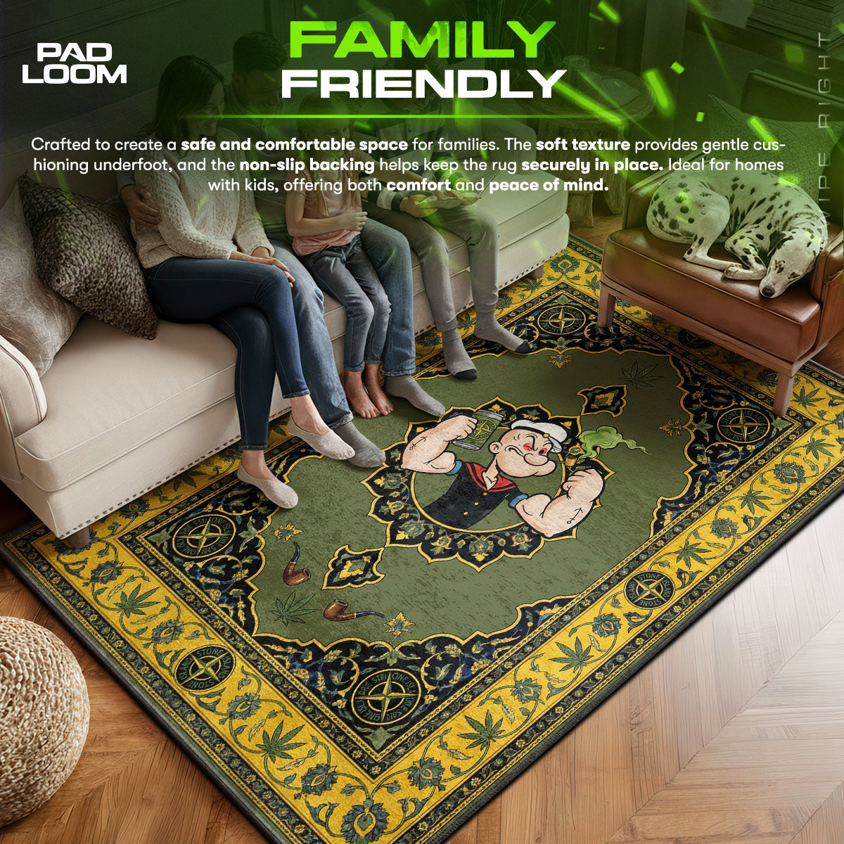 Stone area rug showing full home decor artwork