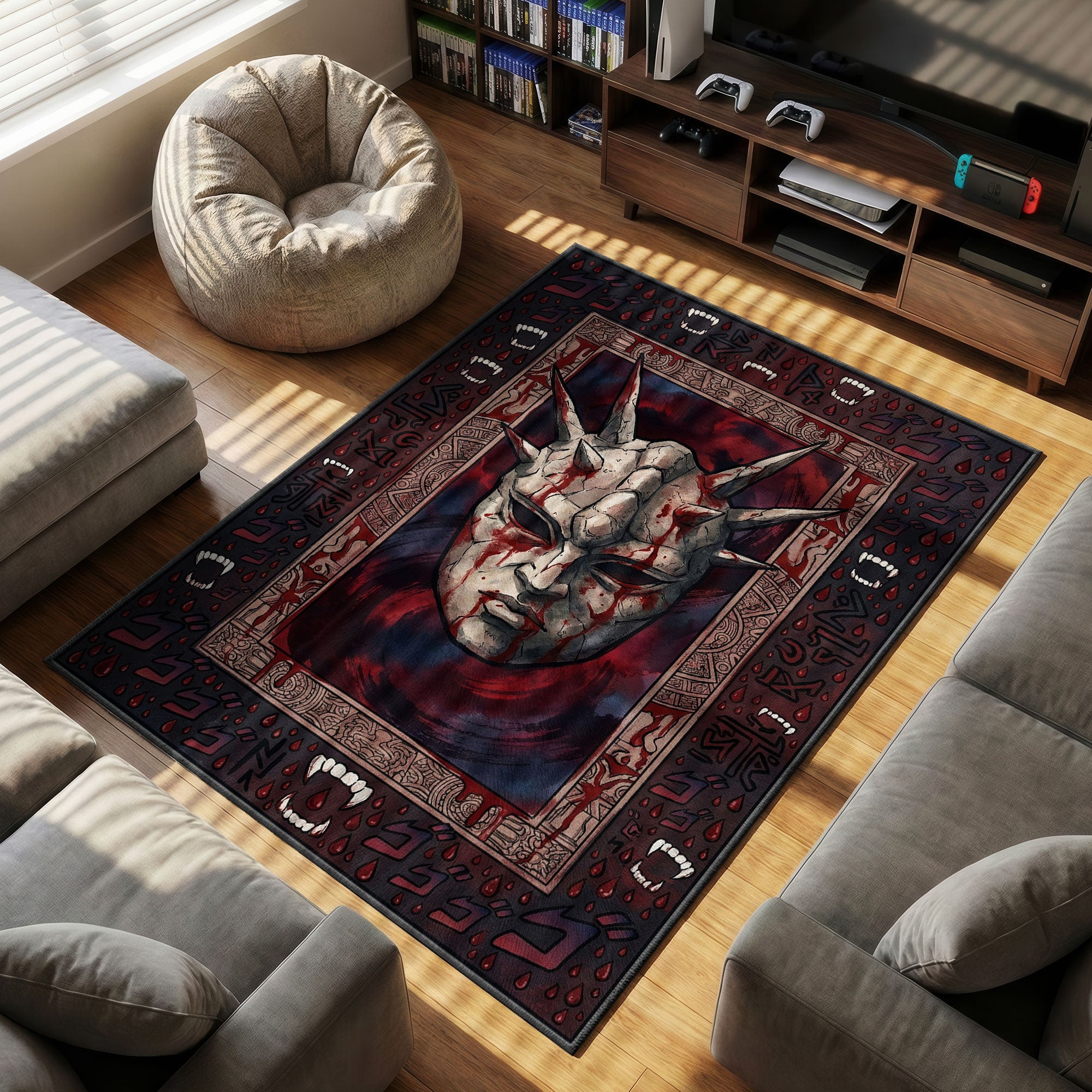 Stone Mask themed area rug for home decor fans