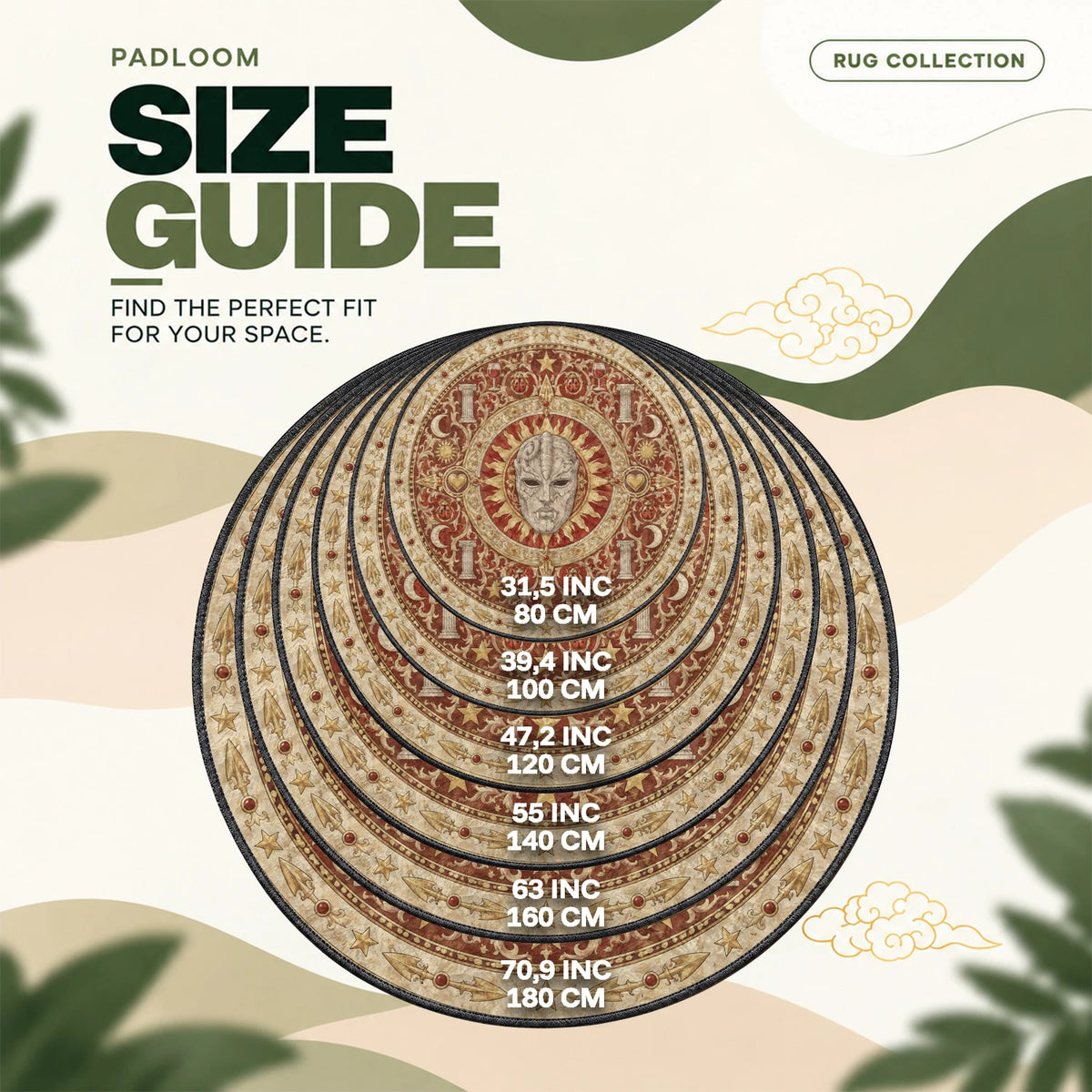 Stone Mask Sunburst round rug size guide, 80 to 180 cm (31.5 to 70.9 in)
