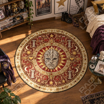 Stone Mask Sunburst JoJo round rug on a bedroom floor - JoJo chair mat