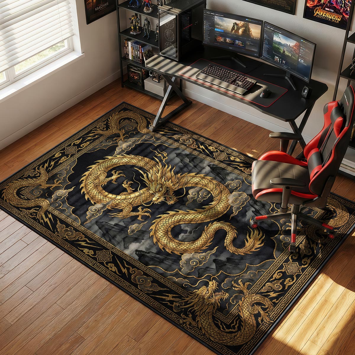 Dragon rug placed under a PC desk in a dark room with ambient lighting and gaming setup