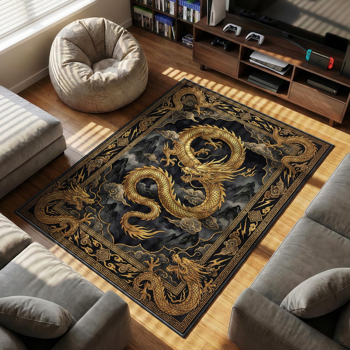 Close-up of storm dragon rug showing gold scale detail and cloud ink wash on velvet surface