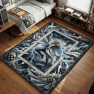 Storm summoning lightning bolts and tornadoes amidst dark clouds in a comic book style gaming area rug and floor mat