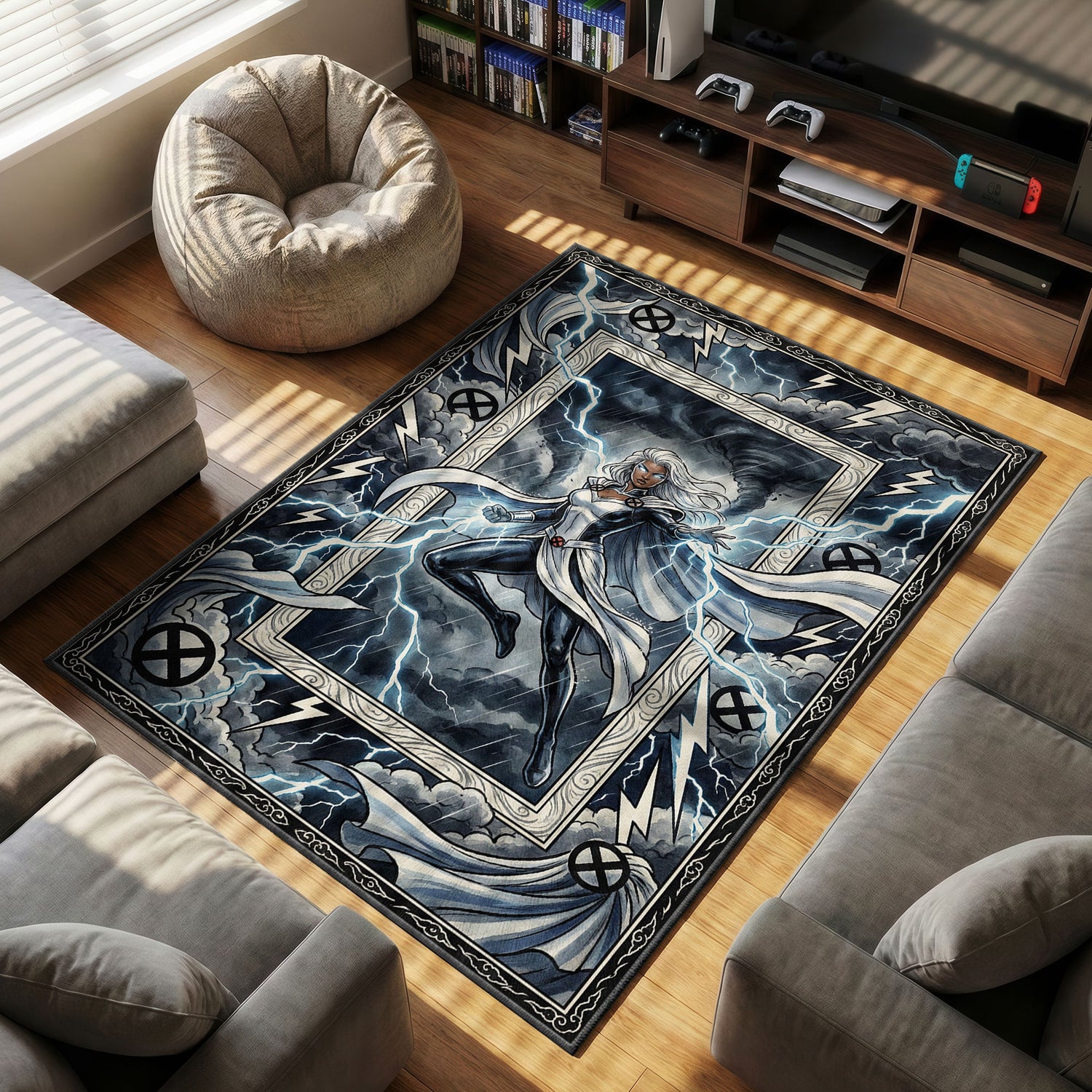 Storm Omega themed area rug for home decor fans