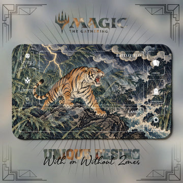 Storm Tiger Bamboo MTG playmat, gray and navy art with play zones, 24 x 14 in