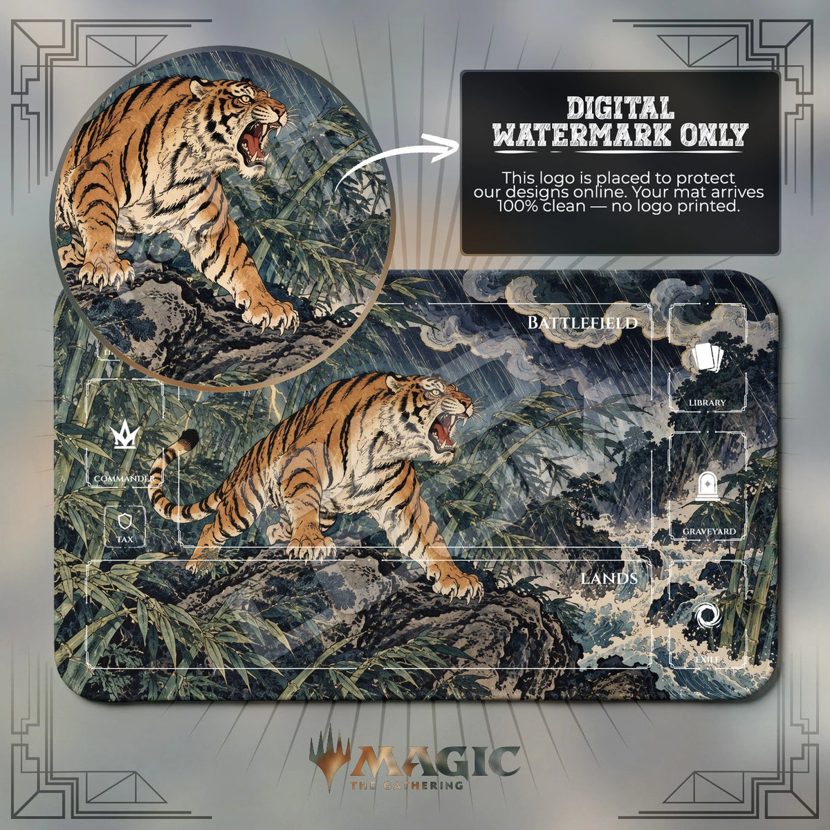 Storm Tiger Bamboo MTG playmat with zones; the Padloom watermark is digital only, not printed