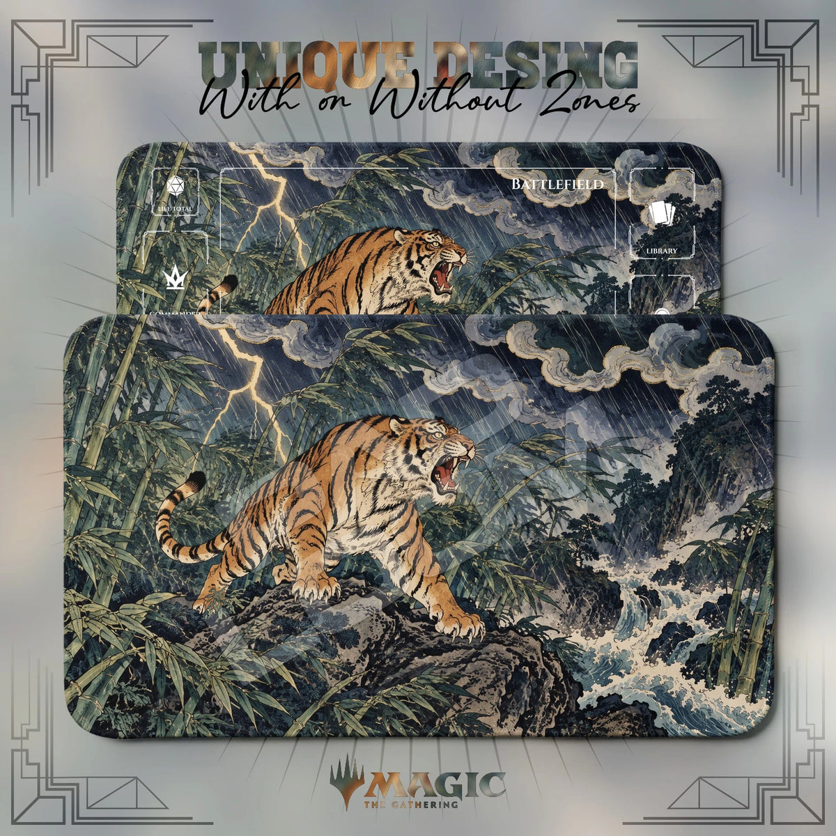 Storm Tiger Bamboo MTG playmat shown with zones and without zones