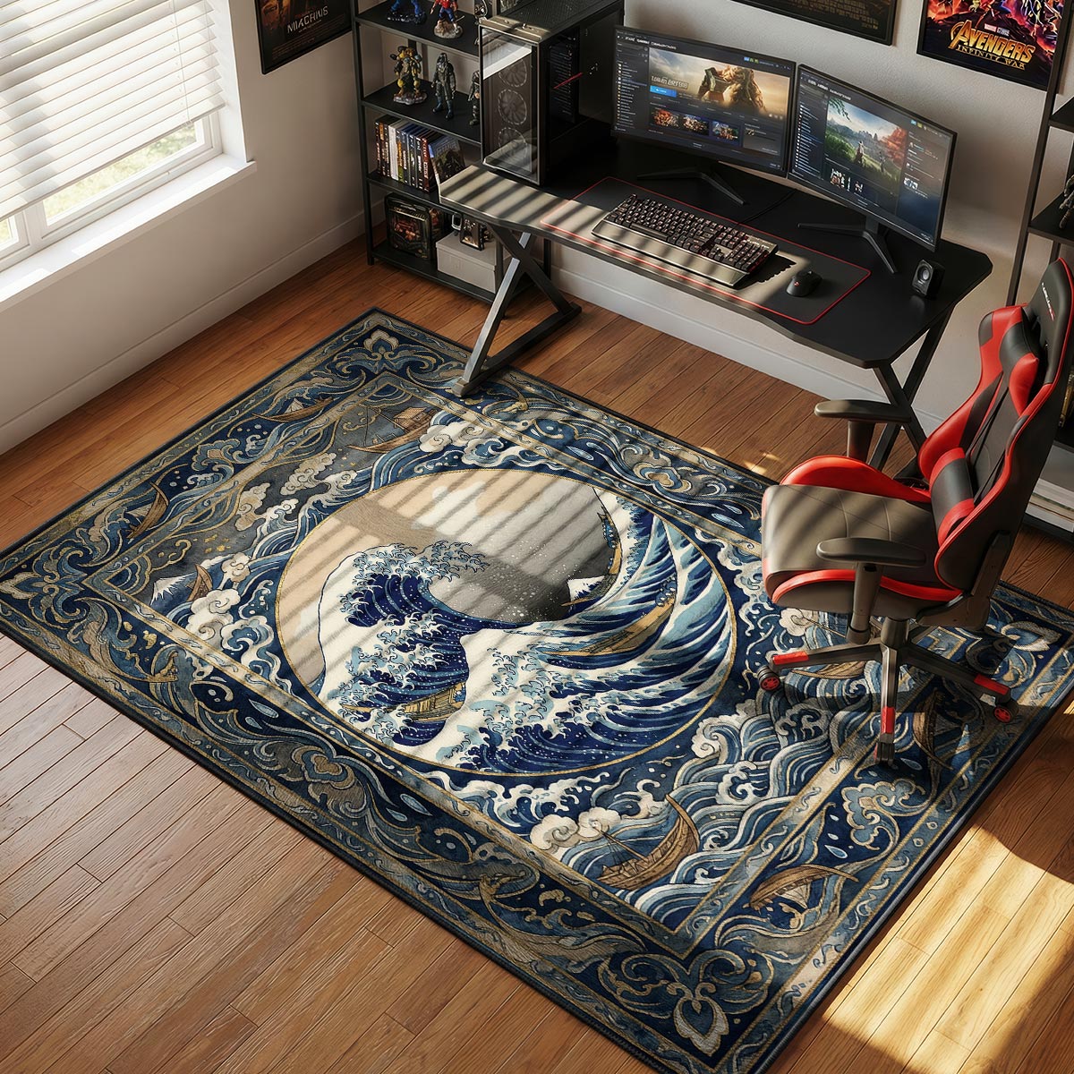 Stormy wave rug placed in a coastal living room with white sofa and weathered wood coffee table