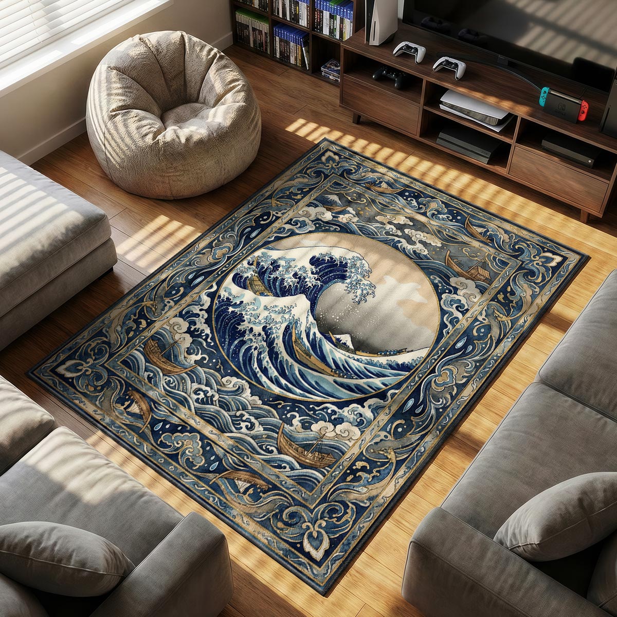 Close-up of stormy wave rug showing foam tip detail and wave-scroll border pattern on velvet surface