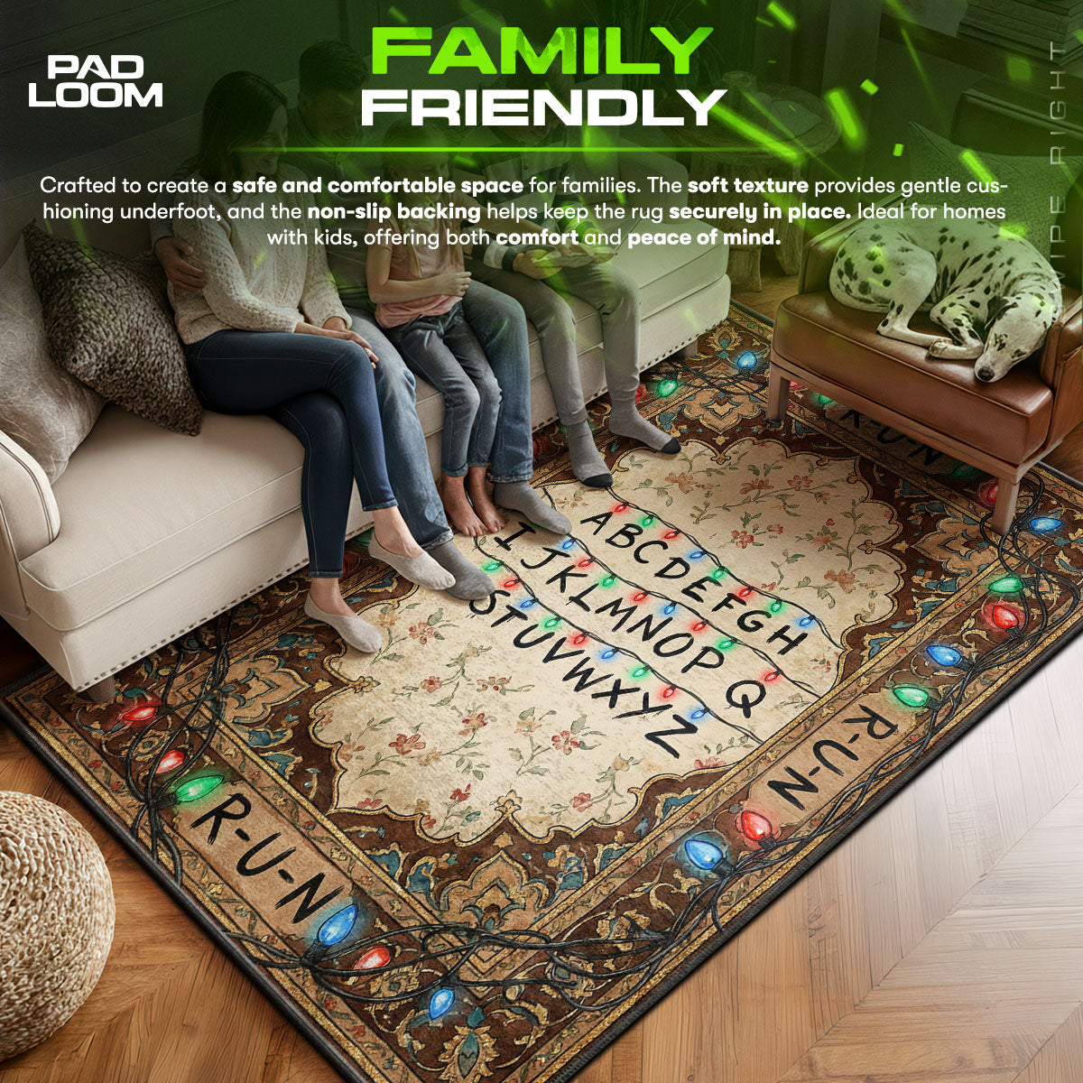 Stranger area rug showing full home decor artwork