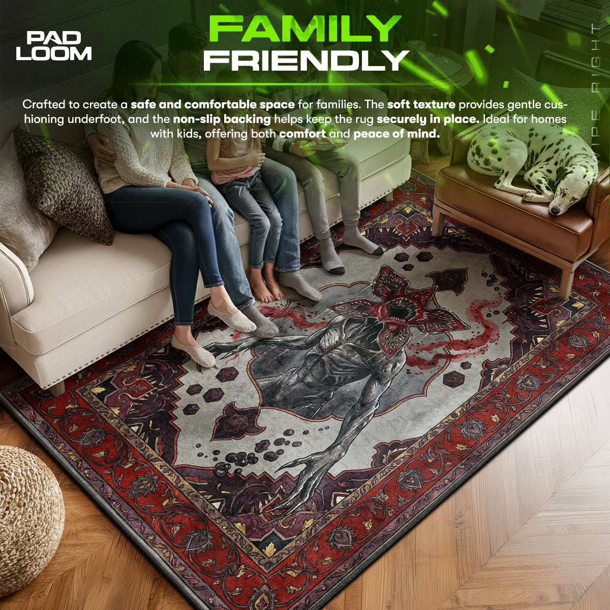 Stranger area rug showing full home decor artwork