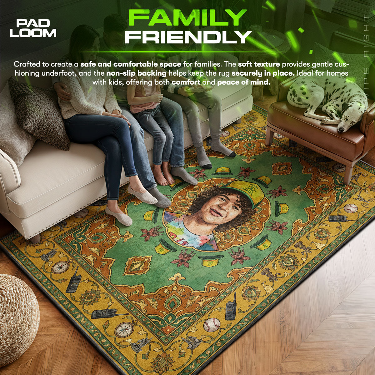 Stranger area rug showing full home decor artwork