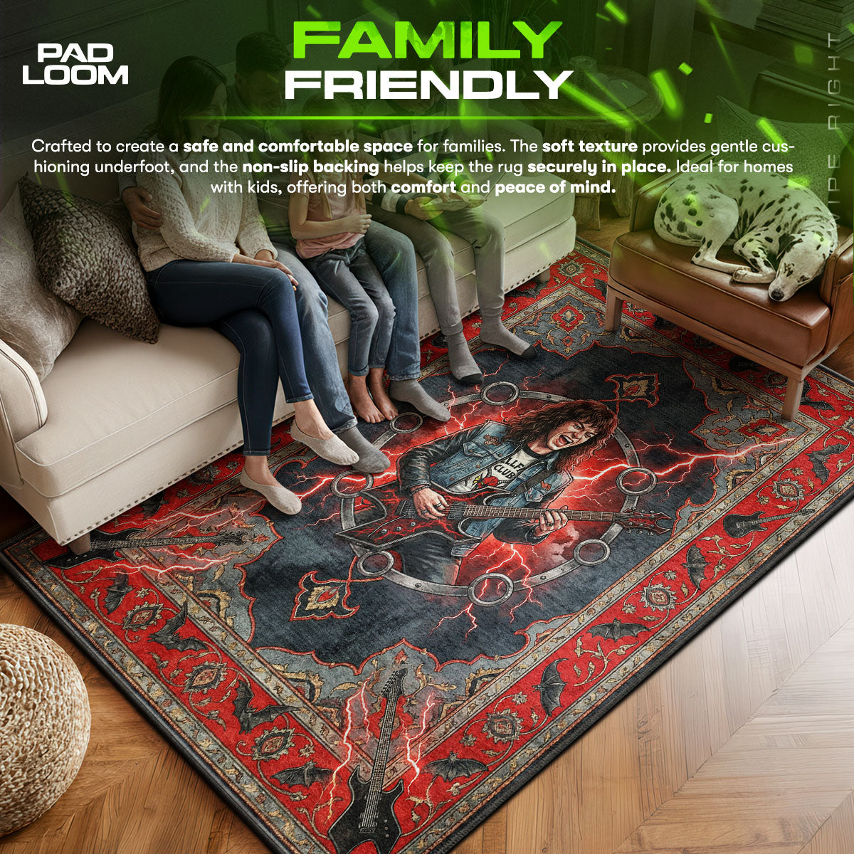 Stranger area rug showing full home decor artwork