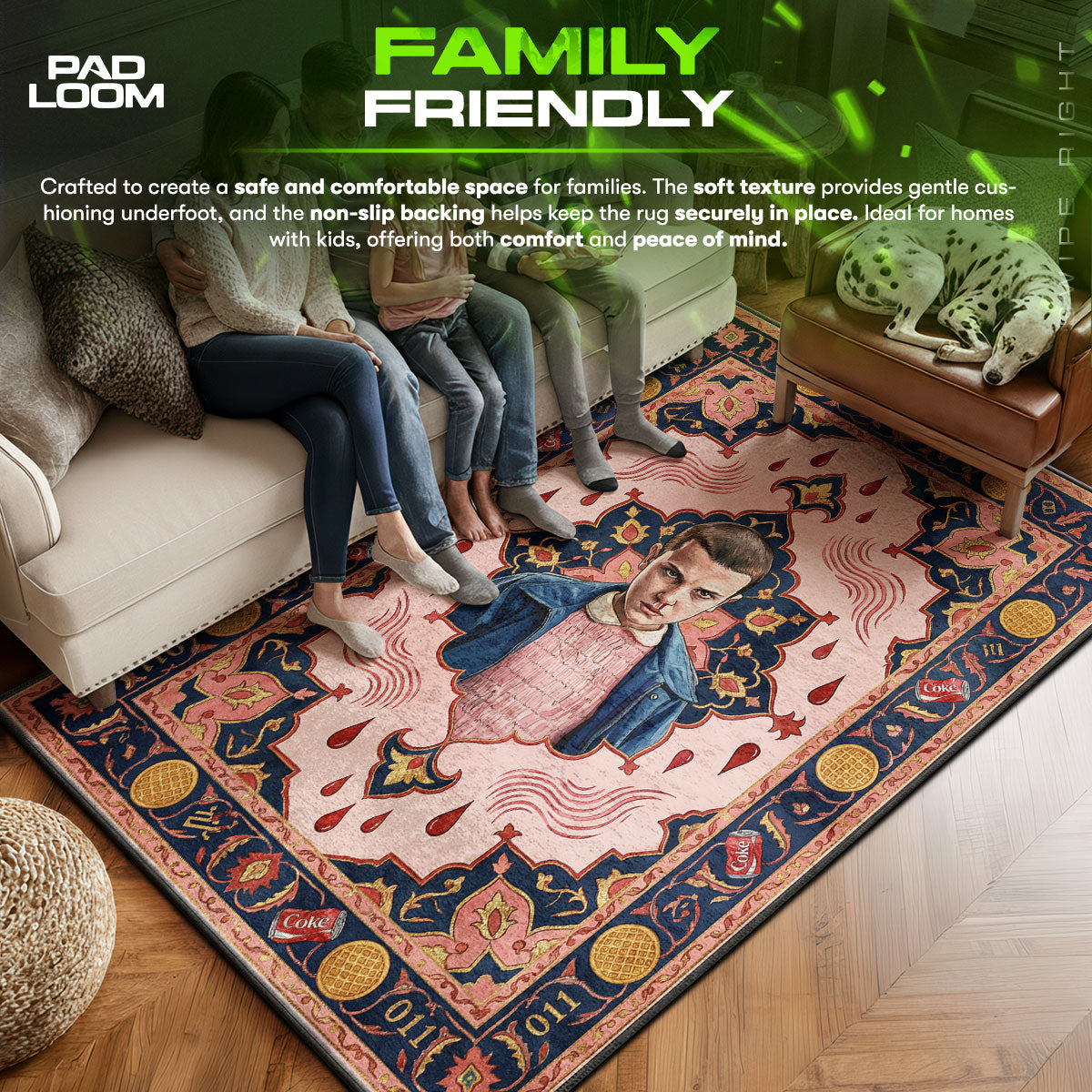 Stranger area rug showing full home decor artwork